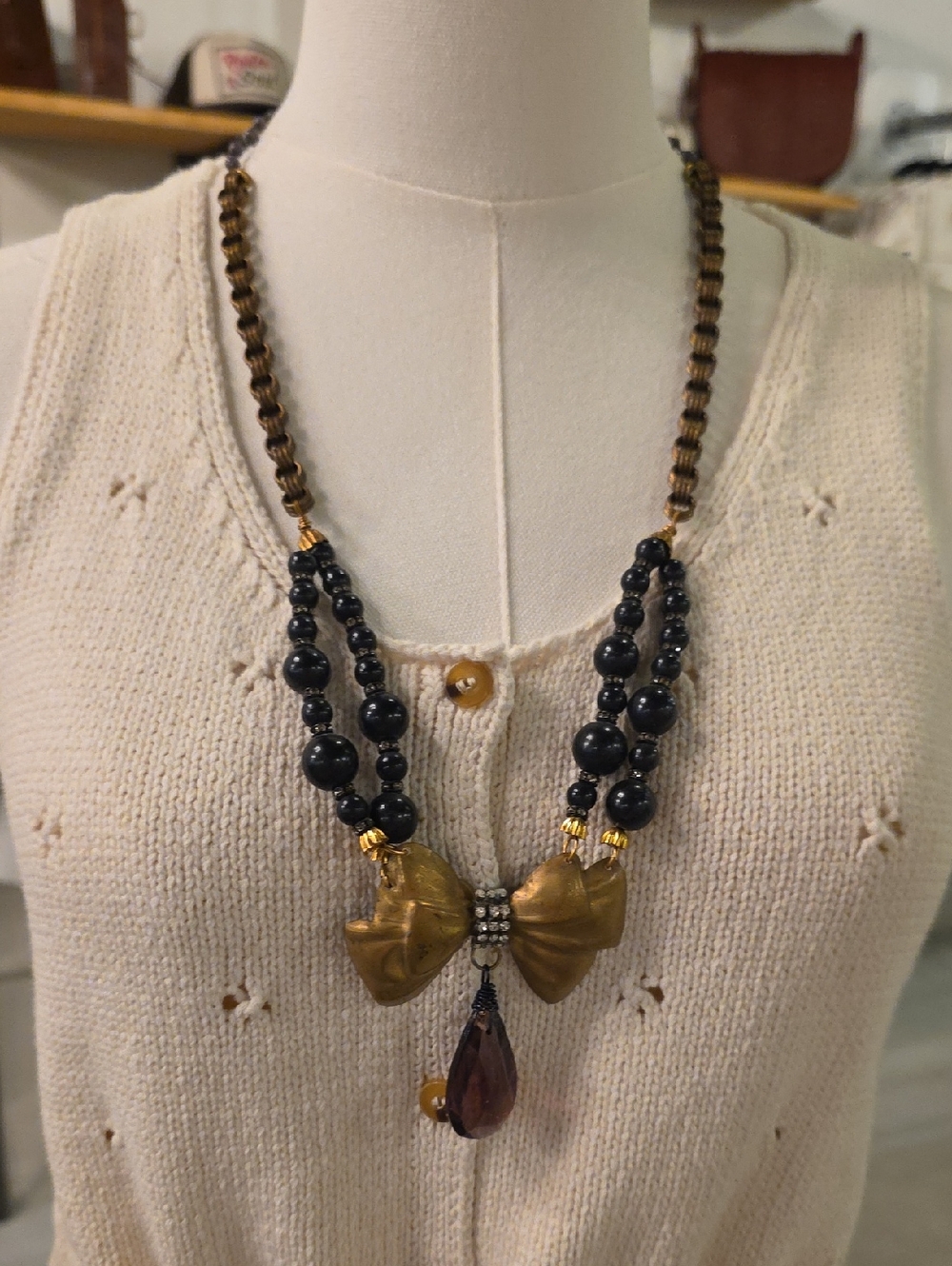 Vintage Handcrafted Black and Gold Beaded Statement Necklace